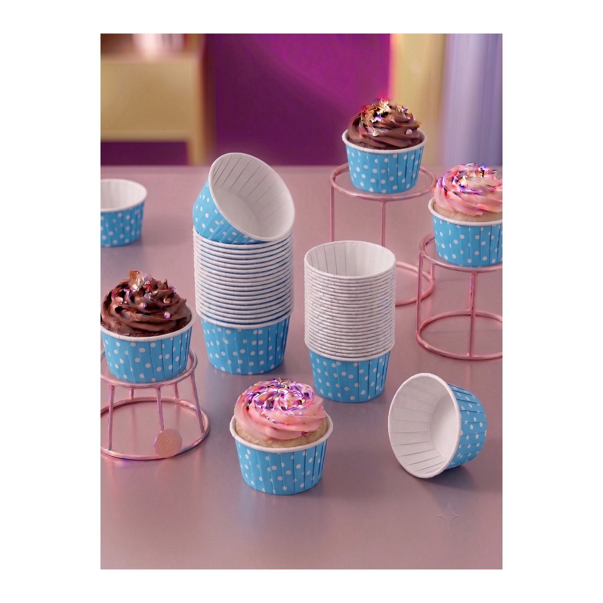 Puantiyeli Mavi Kek Kapsülü - Beyaz Benekli Muffin Ve Cupcake Pişirme Kalıbı Parti Kabı