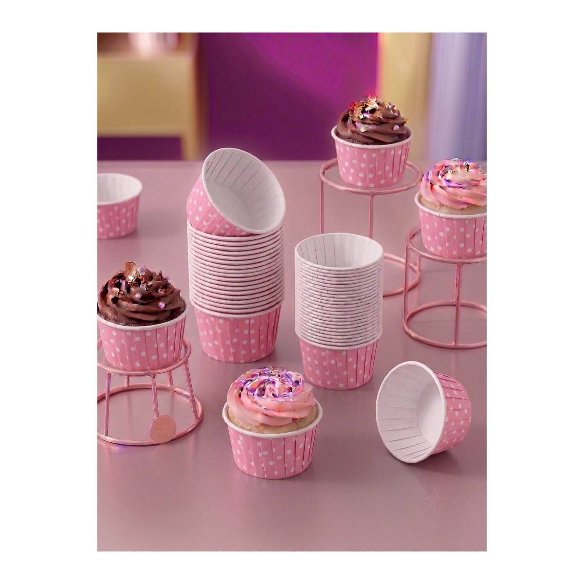 Puantiyeli Pembe Kek Kapsülü - Beyaz Benekli Muffin Ve Cupcake Pişirme Kalıbı Parti Kabı